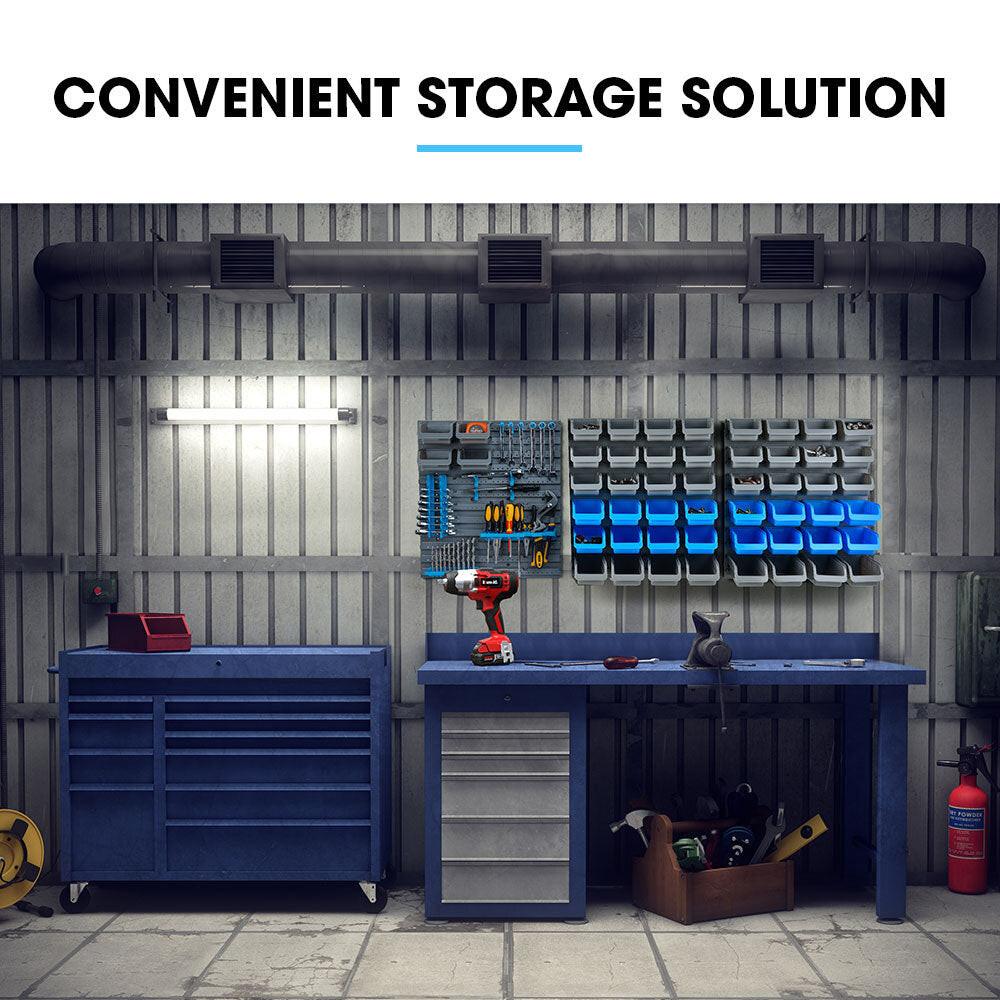 BAUMR-AG 69pc Wall Mounted Parts Bin Rack with Tool Holders - Blue.