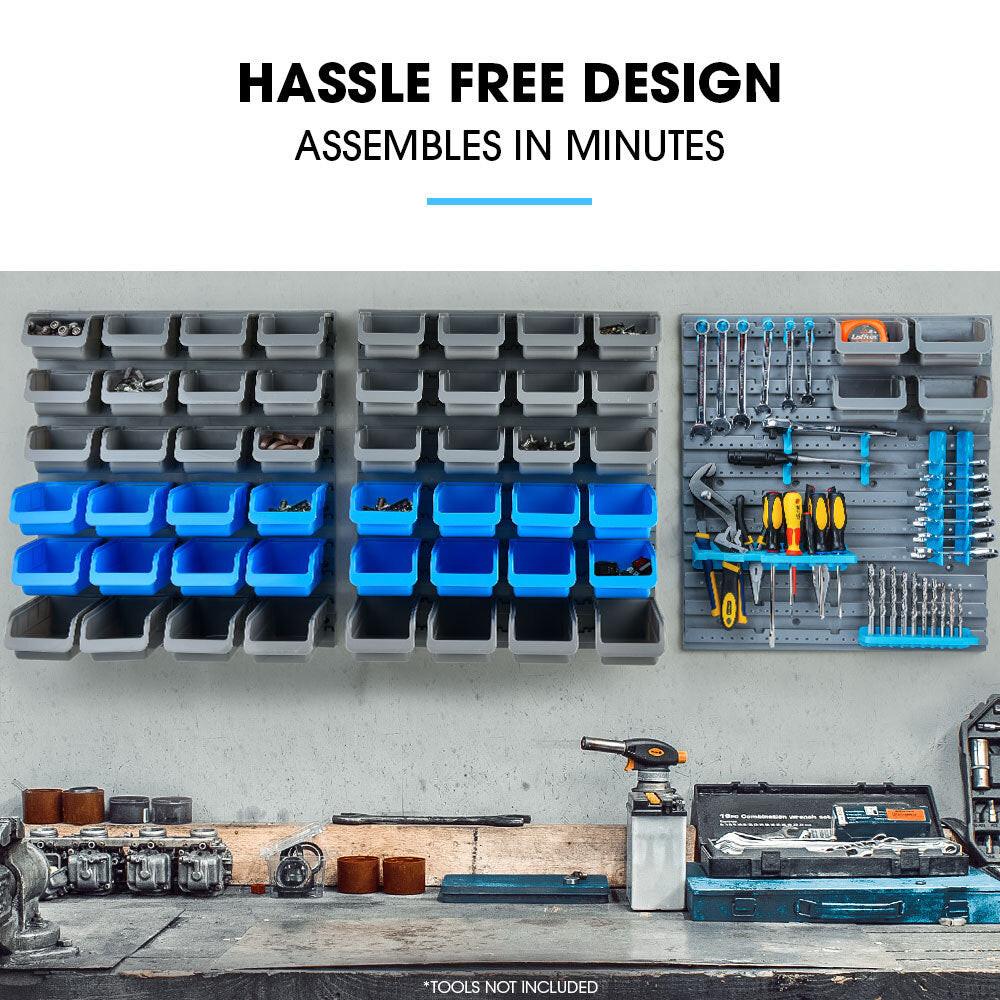 BAUMR-AG 69pc Wall Mounted Parts Bin Rack with Tool Holders - Blue.