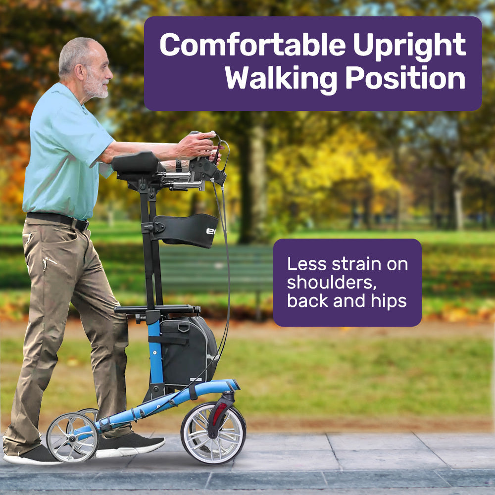 EQUIPMED Upright Rollator Walker with Forearm Support Rests, Mobilty Aid with Seat, Blue
