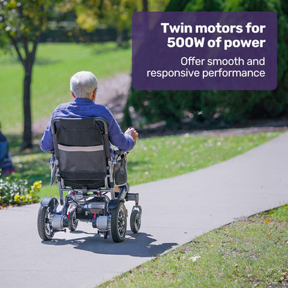 EQUIPMED Power Electric Wheelchair, Long Range, Airline Approved, Folding, Aluminium Frame, Lithium Battery, Blue