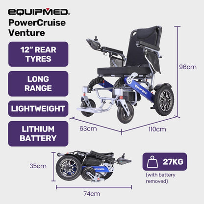 EQUIPMED Power Electric Wheelchair, Long Range, Airline Approved, Folding, Aluminium Frame, Lithium Battery, Blue