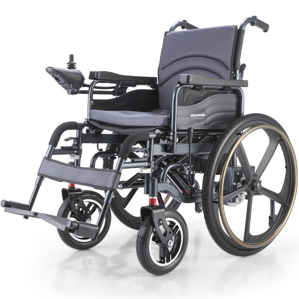 EQUIPMED Power Electric Wheelchair, Long Range, Airline Approved, Folding, Aluminium Frame, Lithium Battery, Blue
