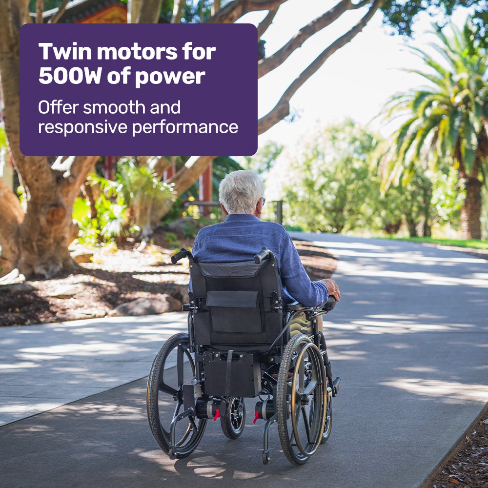 EQUIPMED Power Electric Wheelchair, Long Range, Airline Approved, Folding, Aluminium Frame, Lithium Battery, Blue