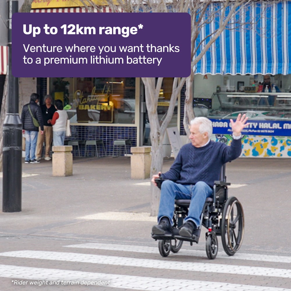 EQUIPMED Power Electric Wheelchair, Long Range, Airline Approved, Folding, Aluminium Frame, Lithium Battery, Blue