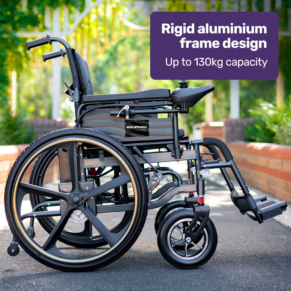 EQUIPMED Power Electric Wheelchair, Long Range, Airline Approved, Folding, Aluminium Frame, Lithium Battery, Blue