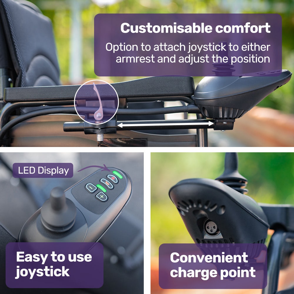EQUIPMED Power Electric Wheelchair, Long Range, Airline Approved, Folding, Aluminium Frame, Lithium Battery, Blue