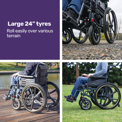 EQUIPMED Power Electric Wheelchair, Long Range, Airline Approved, Folding, Aluminium Frame, Lithium Battery, Blue