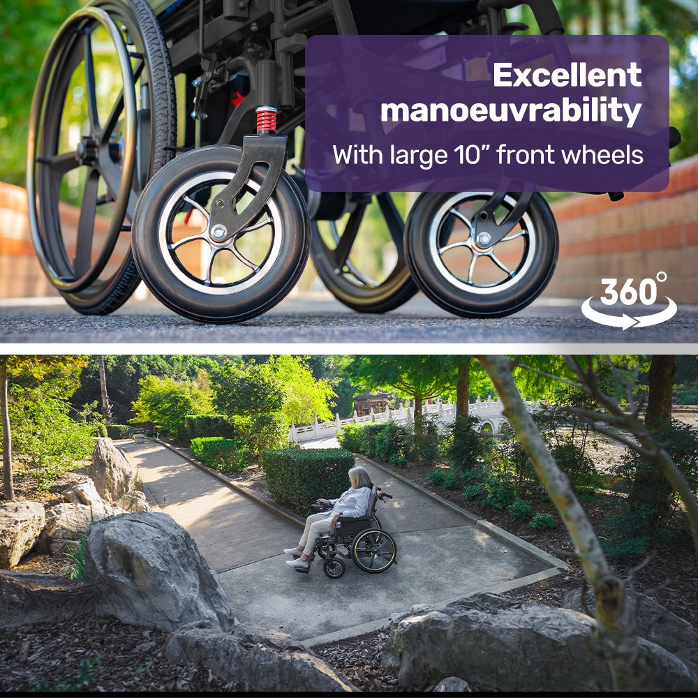 EQUIPMED Power Electric Wheelchair, Long Range, Airline Approved, Folding, Aluminium Frame, Lithium Battery, Blue