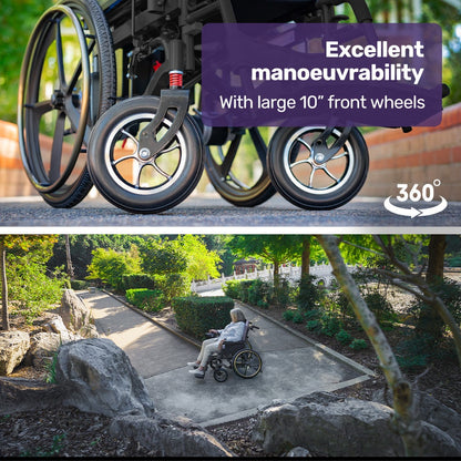 EQUIPMED Power Electric Wheelchair, Long Range, Airline Approved, Folding, Aluminium Frame, Lithium Battery, Blue