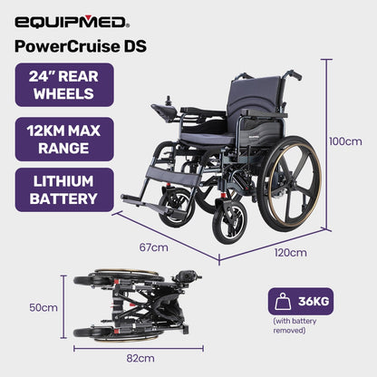 EQUIPMED Power Electric Wheelchair, Long Range, Airline Approved, Folding, Aluminium Frame, Lithium Battery, Blue