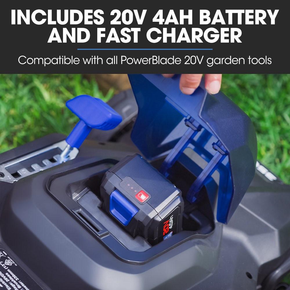 POWERBLADE 350CX 20V 13" Cordless Lawn Mower Kit, Fast Charger, 4Ah Battery, 5 Height, Brushless Electric, 330mm Cutting Path.