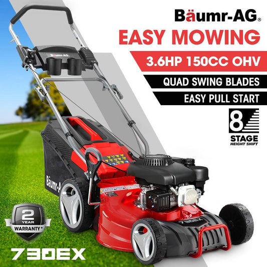 BAUMR-AG 18" 150cc Lawn Mower, 8 Heights, Steel Deck, Cup Holders, 4-Stroke Petrol Lawnmower - 730EX.