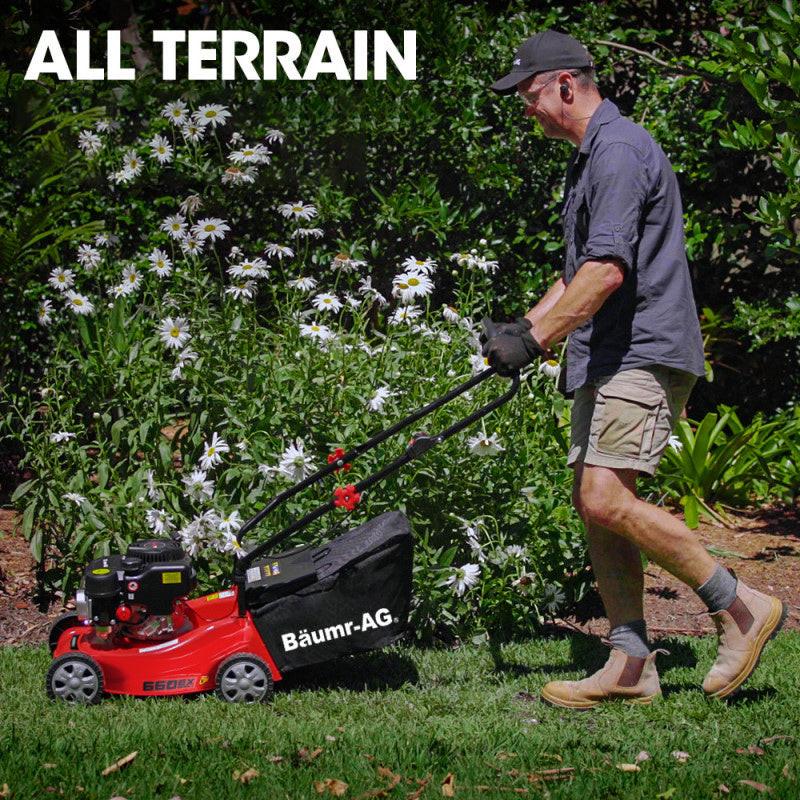 Baumr-AG 139cc Lawn Mower 4-Stroke 16 Inch Petrol Lawnmower Hand Push Engine 35L Catcher.
