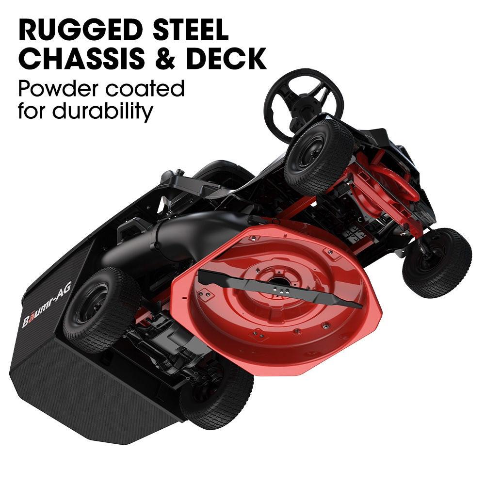 BAUMR-AG 24" Ride On Lawn Mower, Lithium Electric Start System, 6HP 224cc, 5 Cut Heights, Catcher and Mulch Kit.