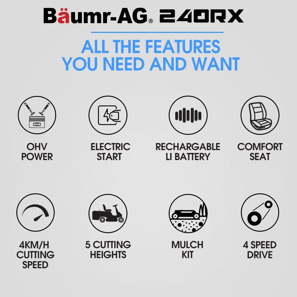 BAUMR-AG 24" Ride On Lawn Mower, Lithium Electric Start System, 6HP 224cc, 5 Cut Heights, Catcher and Mulch Kit.