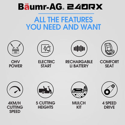 BAUMR-AG 24" Ride On Lawn Mower, Lithium Electric Start System, 6HP 224cc, 5 Cut Heights, Catcher and Mulch Kit.
