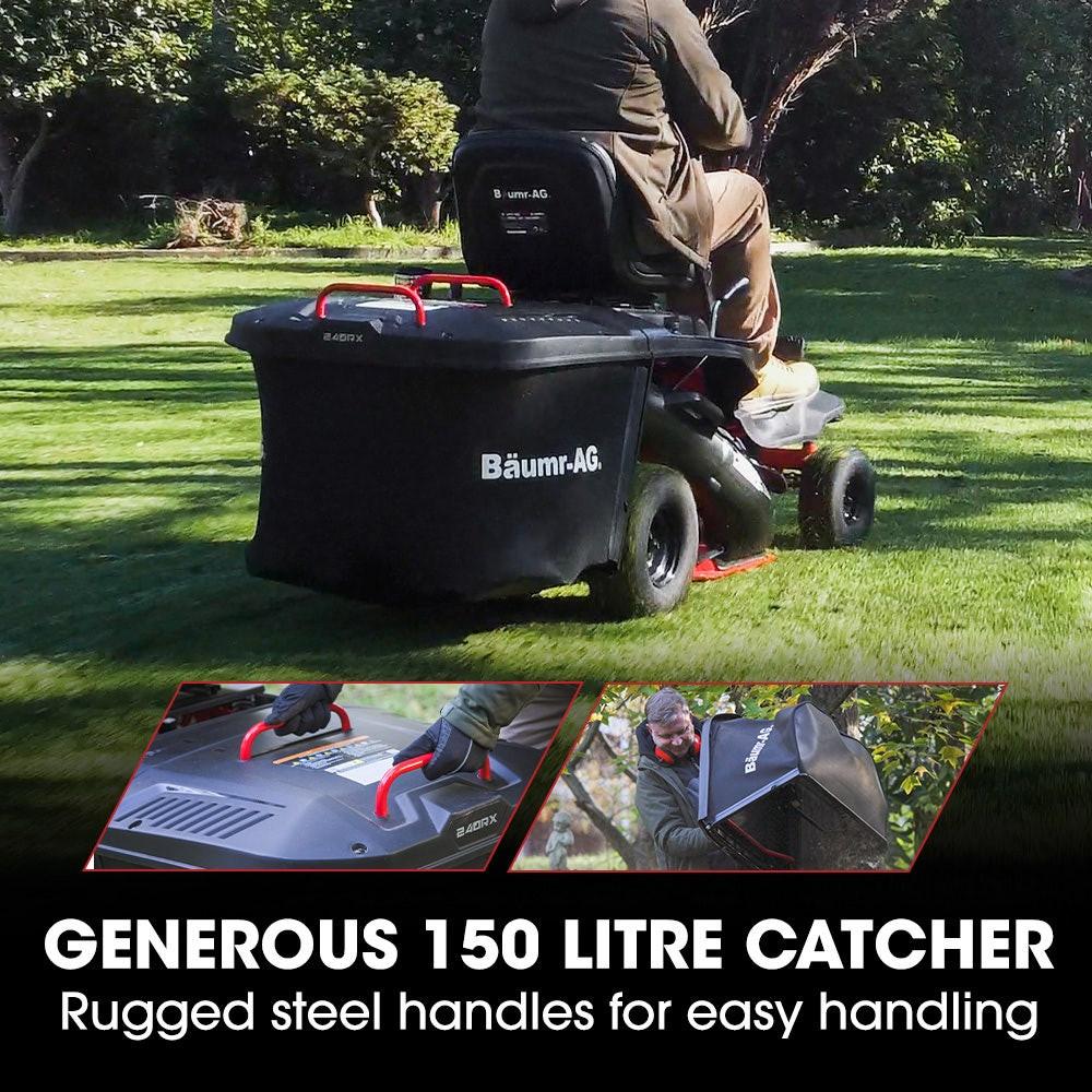 BAUMR-AG 24" Ride On Lawn Mower, Lithium Electric Start System, 6HP 224cc, 5 Cut Heights, Catcher and Mulch Kit.