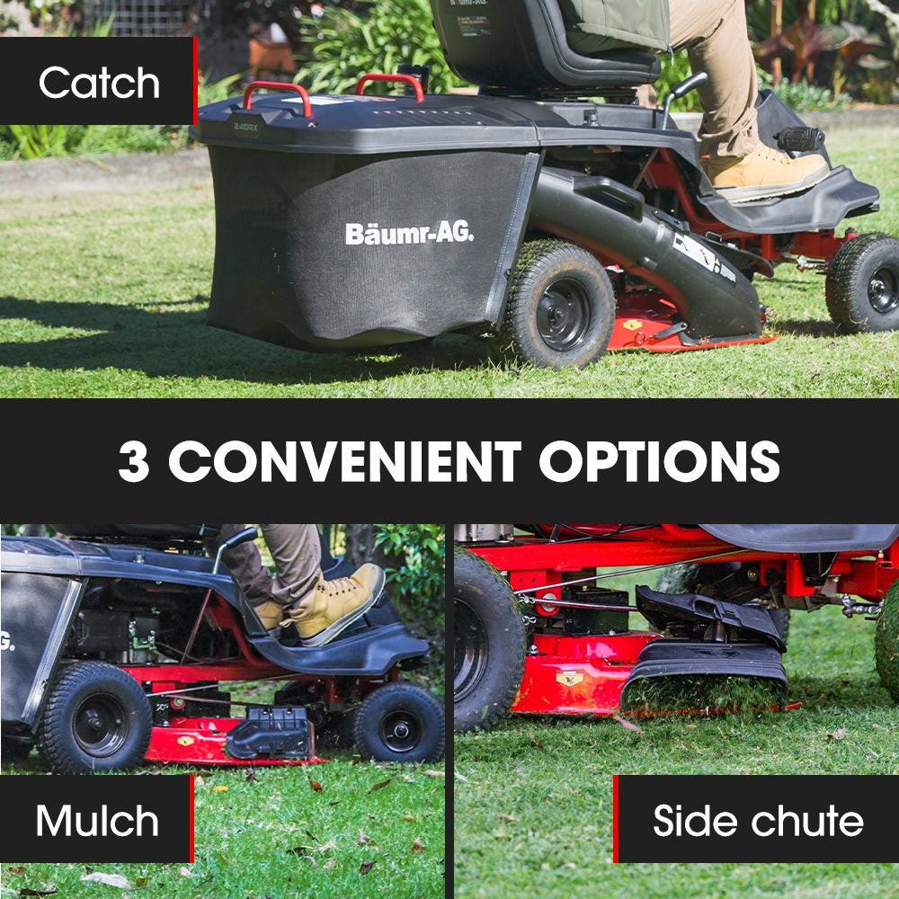 BAUMR-AG 24" Ride On Lawn Mower, Lithium Electric Start System, 6HP 224cc, 5 Cut Heights, Catcher and Mulch Kit.