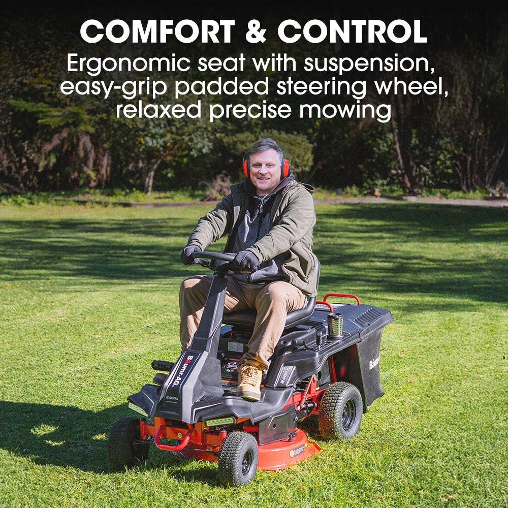 BAUMR-AG 24" Ride On Lawn Mower, Lithium Electric Start System, 6HP 224cc, 5 Cut Heights, Catcher and Mulch Kit.