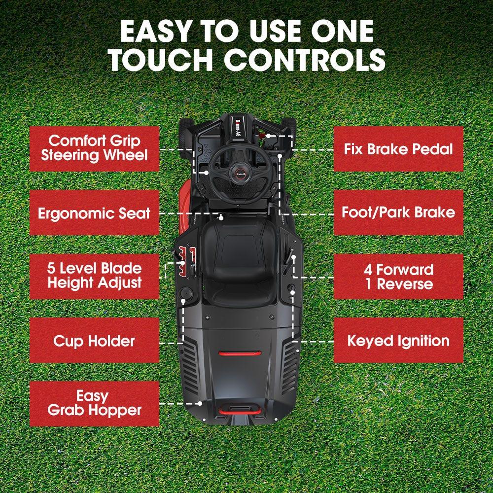 BAUMR-AG 24" Ride On Lawn Mower, Lithium Electric Start System, 6HP 224cc, 5 Cut Heights, Catcher and Mulch Kit.
