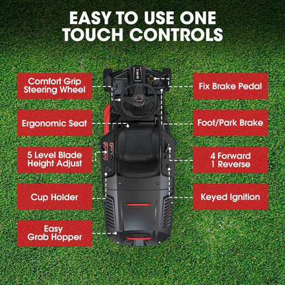 BAUMR-AG 24" Ride On Lawn Mower, Lithium Electric Start System, 6HP 224cc, 5 Cut Heights, Catcher and Mulch Kit.