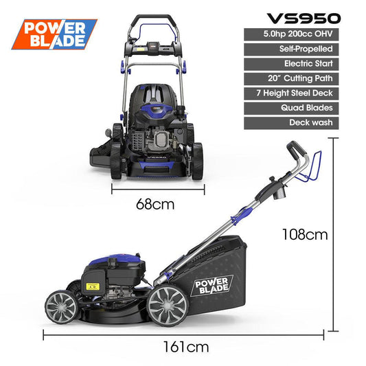 POWERBLADE 20" 200cc Self-Propelled Lawn Mower, Electric Start, 7 Height, Steel Deck, Deck Wash Port, OHV 4-Stroke Petrol - VS950.