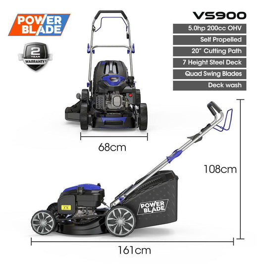 PowerBlade 20" 200cc Self-Propelled Lawn Mower, 7 Height, Steel Deck, Deck Wash Port, OHV 4-Stroke Petrol - VS900.