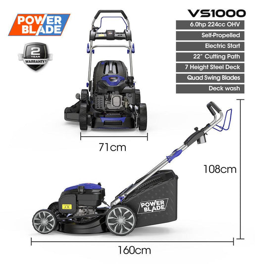 PowerBlade 22" 224cc Self-Propelled Lawn Mower, Electric Start, 7 Height, Steel Deck, Deck Wash Port, OHV 4-Stroke Petrol - VS1000.