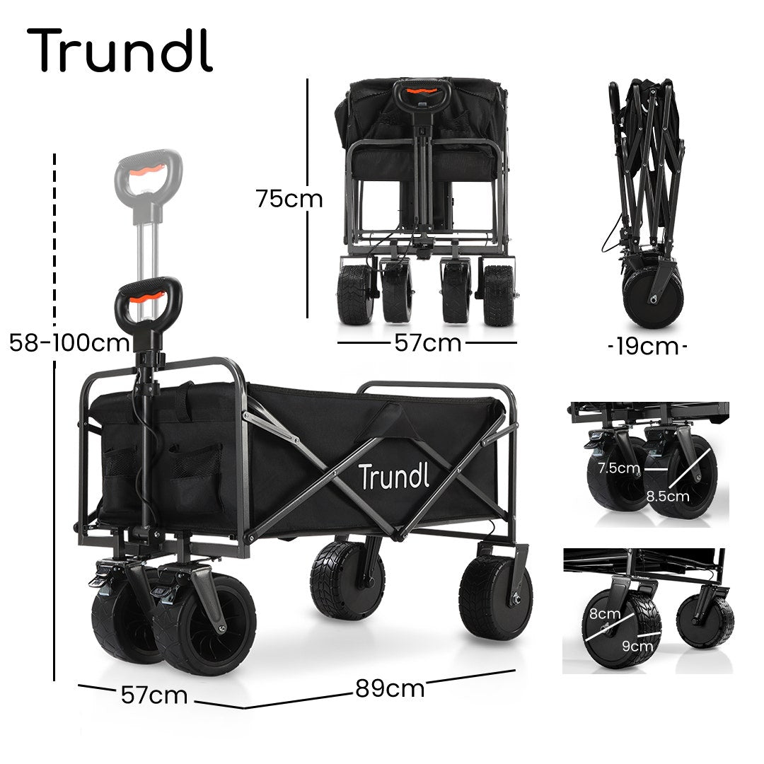 TRUNDL 106L Electric Folding Pull Cart, Powerful Easy Hill Climbing, All-terrain Wheels, Wagon for Beach Camping Shopping, Black