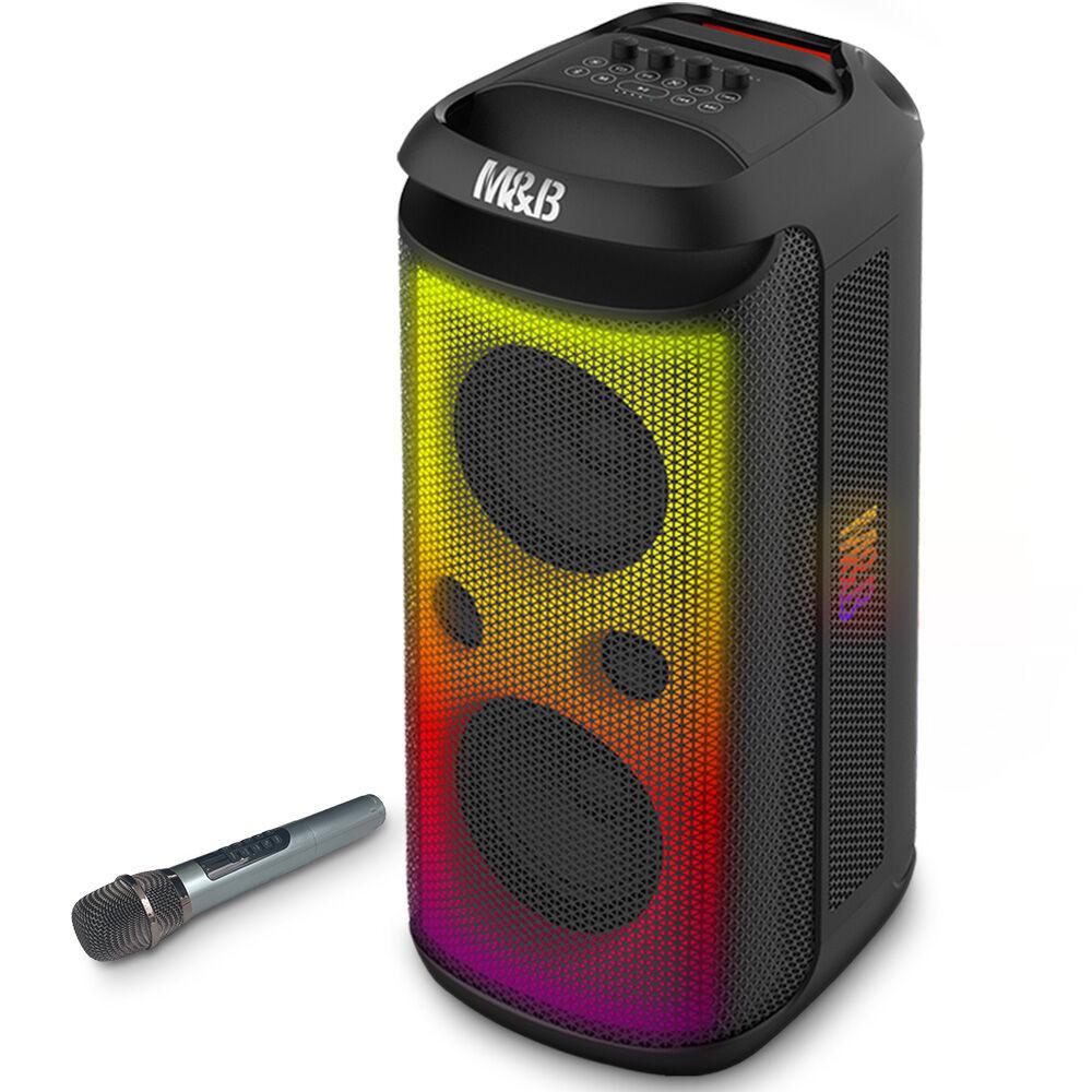 M&B Portable Splash Proof 120W Bluetooth Party Speaker with Karaoke Microphone, IPX4, TWS Pairing, Multi-Input, Lithium Battery, RGB, USB Charging.