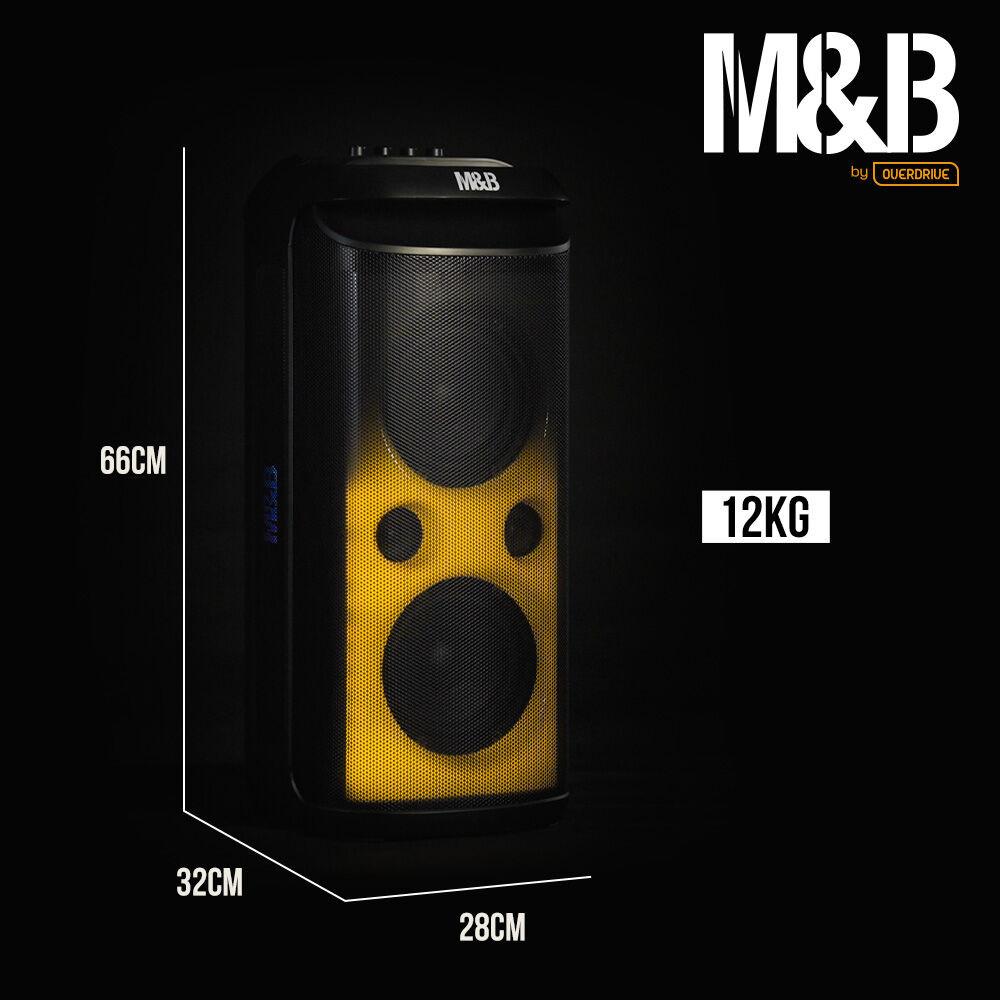 M&B Portable Splash Proof 120W Bluetooth Party Speaker with Karaoke Microphone, IPX4, TWS Pairing, Multi-Input, Lithium Battery, RGB, USB Charging.