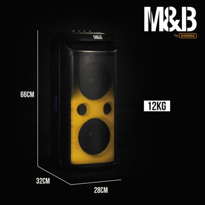 M&B Portable Splash Proof 120W Bluetooth Party Speaker with Karaoke Microphone, IPX4, TWS Pairing, Multi-Input, Lithium Battery, RGB, USB Charging.