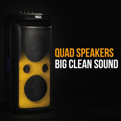 M&B Portable Splash Proof 120W Bluetooth Party Speaker with Karaoke Microphone, IPX4, TWS Pairing, Multi-Input, Lithium Battery, RGB, USB Charging.