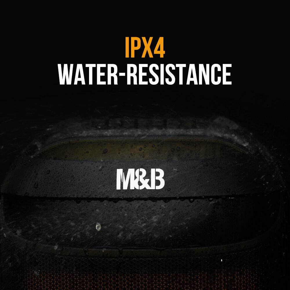 M&B Portable Splash Proof 120W Bluetooth Party Speaker with Karaoke Microphone, IPX4, TWS Pairing, Multi-Input, Lithium Battery, RGB, USB Charging.
