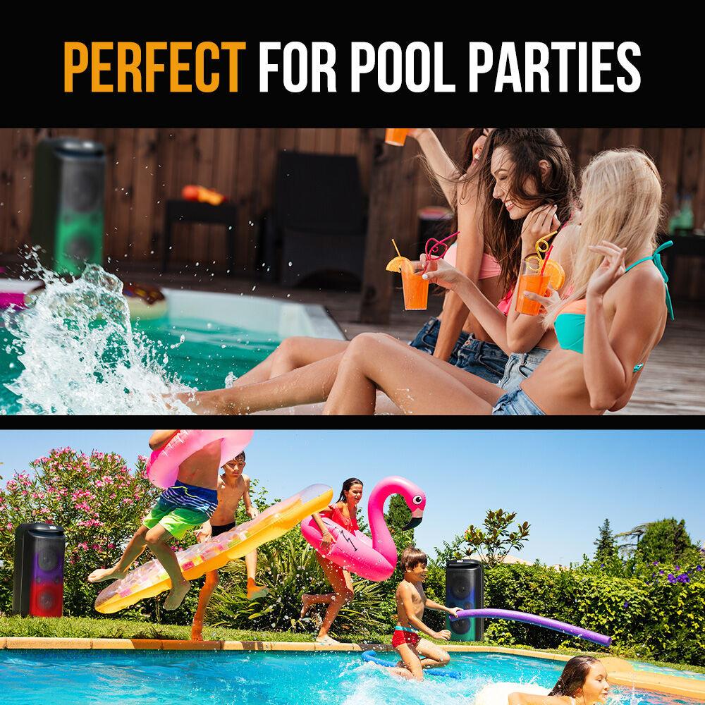 M&B Portable Splash Proof 120W Bluetooth Party Speaker with Karaoke Microphone, IPX4, TWS Pairing, Multi-Input, Lithium Battery, RGB, USB Charging.
