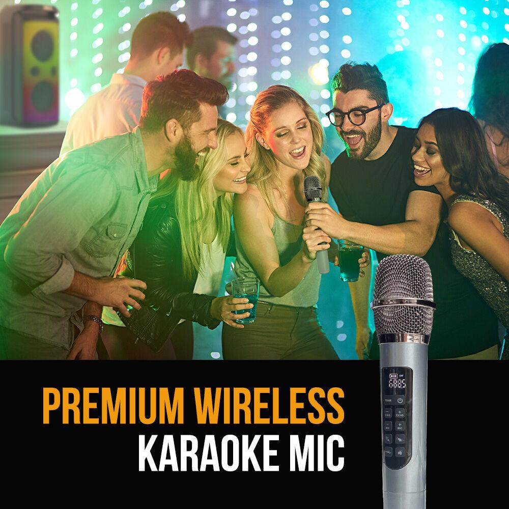 M&B Portable Splash Proof 120W Bluetooth Party Speaker with Karaoke Microphone, IPX4, TWS Pairing, Multi-Input, Lithium Battery, RGB, USB Charging.