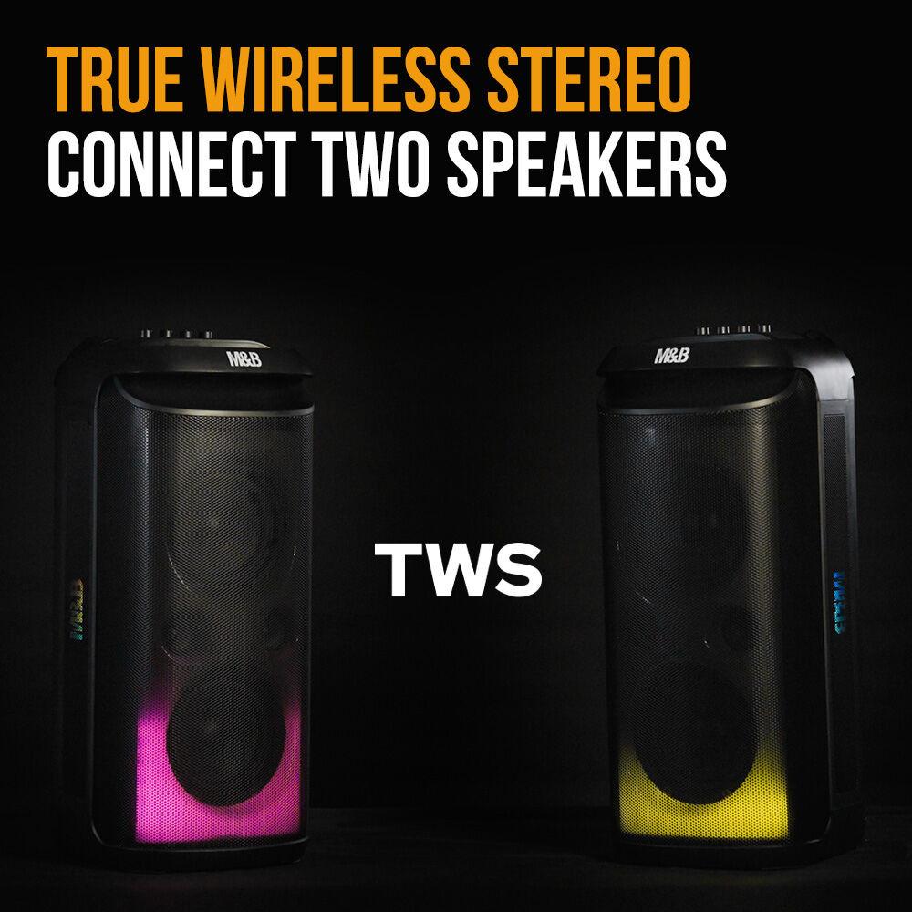 M&B Portable Splash Proof 120W Bluetooth Party Speaker with Karaoke Microphone, IPX4, TWS Pairing, Multi-Input, Lithium Battery, RGB, USB Charging.