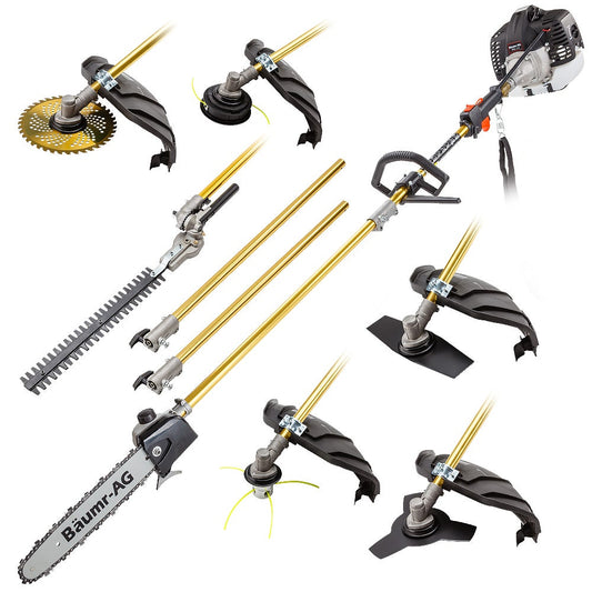 BAUMR-AG 65cc 7in1 Long Reach Garden Multi-tool, Pole Saw, Hedge & Line Trimmer, Brush Cutter, 12" Tree Trimming Pruning Chainsaw Bar, 2 Extension Shafts.