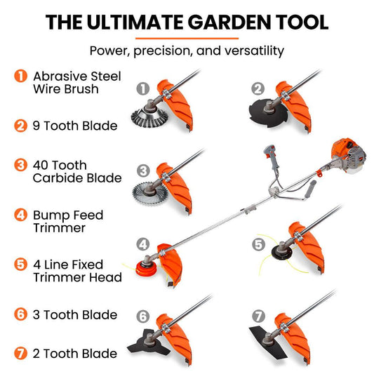 MTM 62cc 7in1 Brush Cutter Garden Multi-Tool , Pole Hedge & Line Trimmer, Bullhorn Handle, 12" Tree Trimming Pruning.