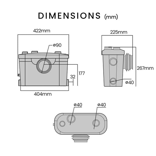 PROTEGE Macerator Pump, with 4 Inlet, for P-Trap Toilet, House, Bathroom, Shower, Sink, Washing Machine.