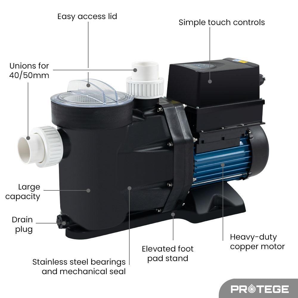 PROTEGE Variable Speed Pump, 1.0HP, 3 Speeds, Quiet, Economical, for Swimming Pool and Spa.