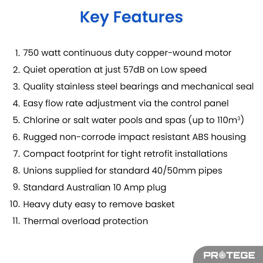 PROTEGE Variable Speed Pump, 1.0HP, 3 Speeds, Quiet, Economical, for Swimming Pool and Spa.