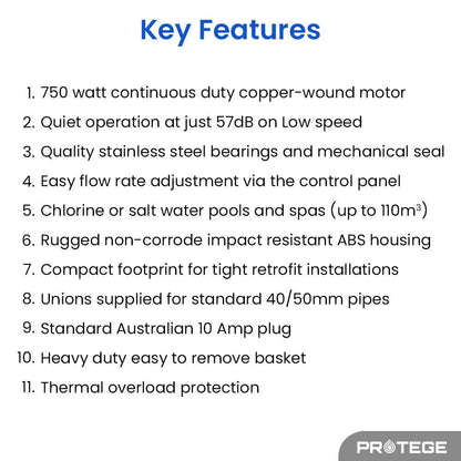 PROTEGE Variable Speed Pump, 1.0HP, 3 Speeds, Quiet, Economical, for Swimming Pool and Spa.