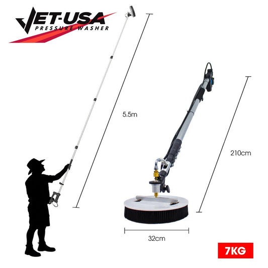 JET-USA 5.5m Telescopic Rotary Surface Cleaner Brush, for Solar Panels, Walls, Windows, M22 Pressure Washer Connection.