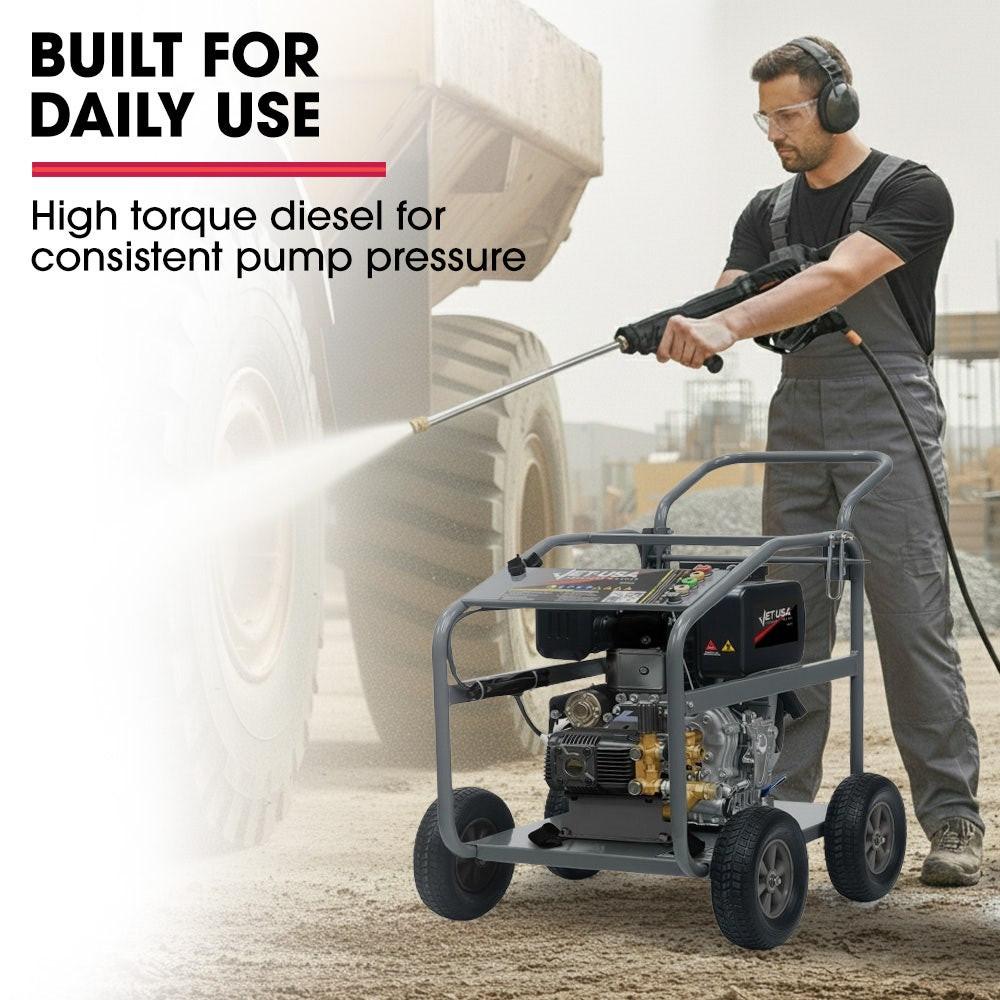 JET-USA Commercial Diesel High-Pressure Washer Cleaner, Electric Start 10hp 418cc, 15m Steel Braided Hose, Adjustable Triplex Pump - DX800.