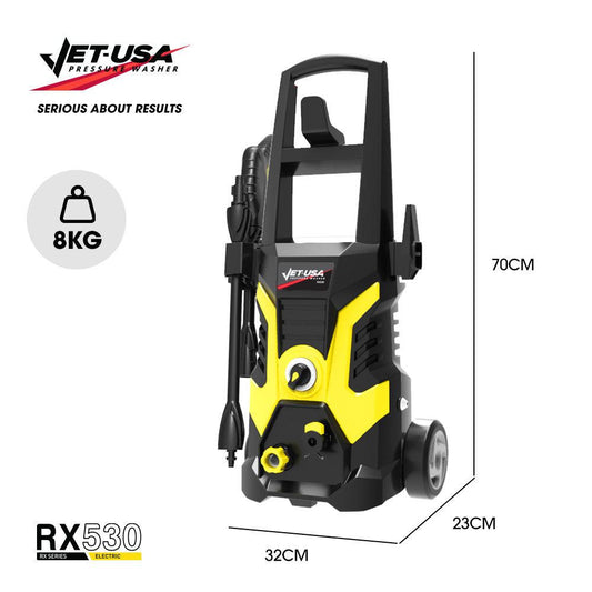 JET-USA RX530 Electric High Pressure Washer, 2400PSI 3 Nozzles, Brush Head Cleaner, Detergent Bottle.