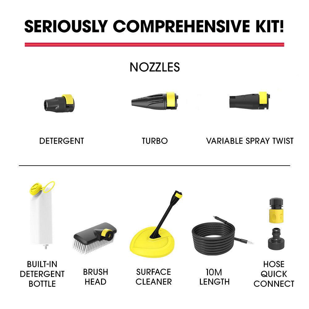 JET-USA RX540 Electric High Pressure Washer, 2800PSI 2 Nozzles, Brush Head, Deck Cleaner, Detergent Bottle, 10M Hose.