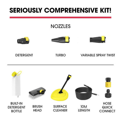 JET-USA RX540 Electric High Pressure Washer, 2800PSI 2 Nozzles, Brush Head, Deck Cleaner, Detergent Bottle, 10M Hose.