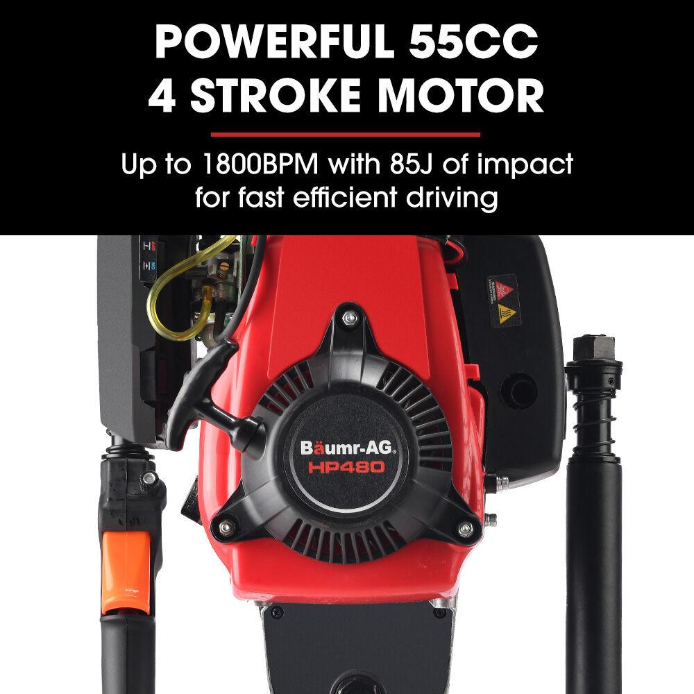 BAUMR-AG HP480 55cc 4-Stroke Petrol Post Driver, with 2 Piling Socket Sleeves.