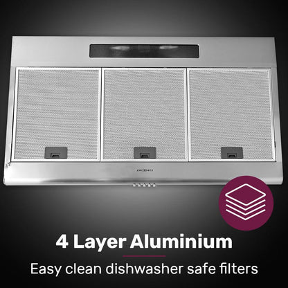 EUROCHEF 90cm Fixed Stainless Steel Rangehood, Quiet 3-Speed, 4-Layer Dishwashable Filters, Halogen Lights EFR90S.